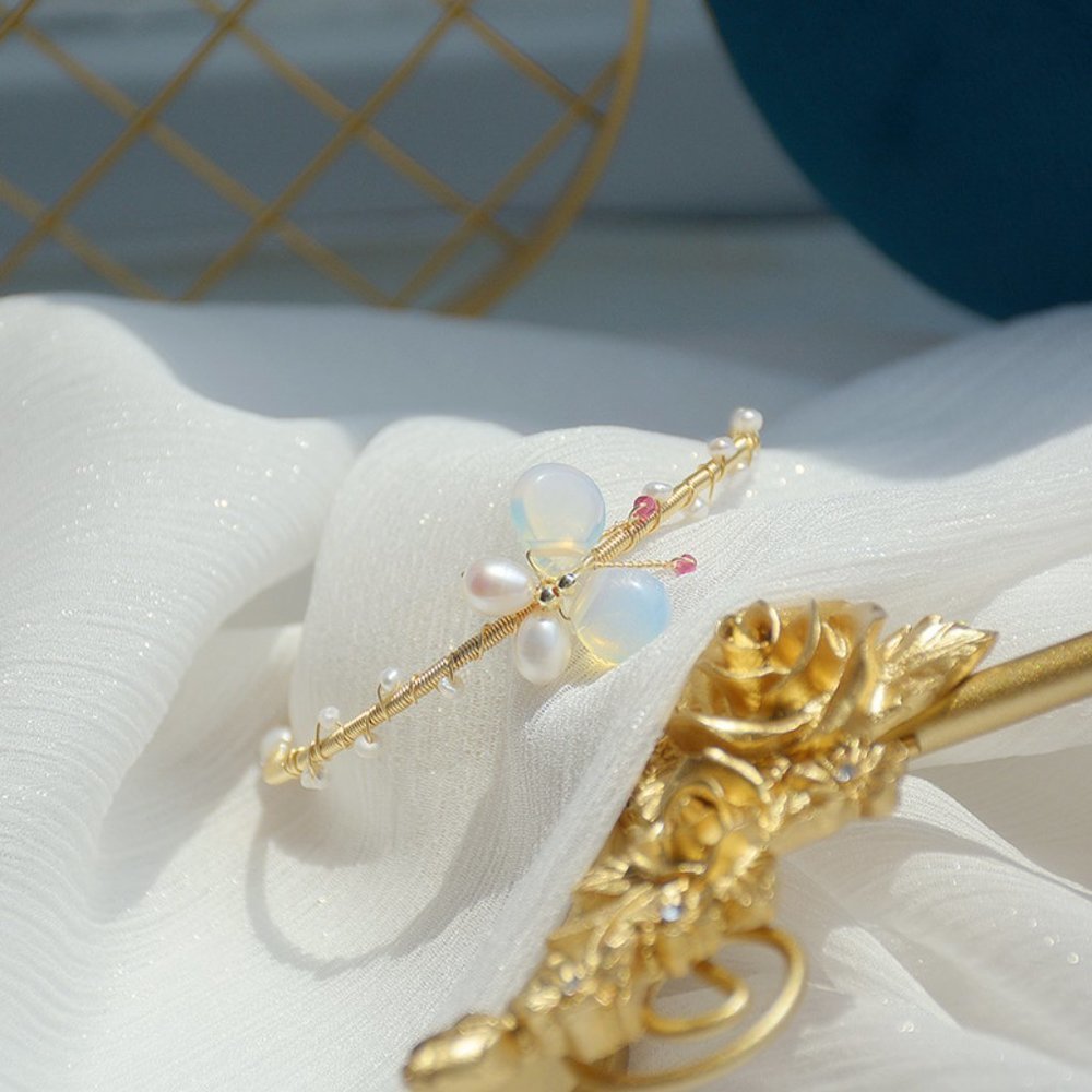 NEW 14K Gold Plated Opal Pearl Butterfly Cuff - Picture 3 of 3